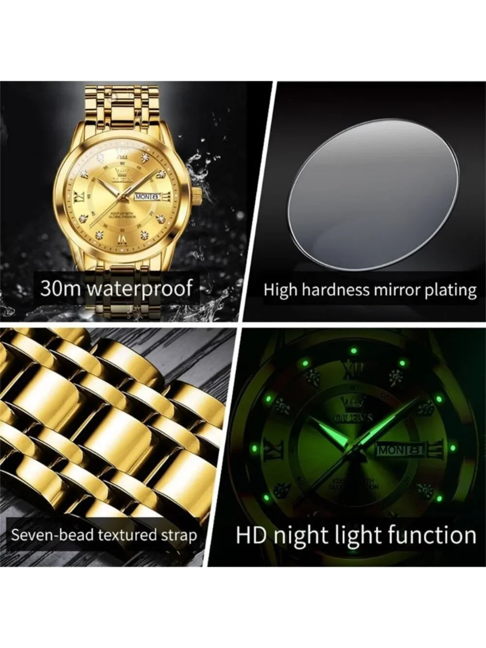 Men's Gold Dimond Stainless Steel Luminous Quartz Waterproof Round Classic Watch